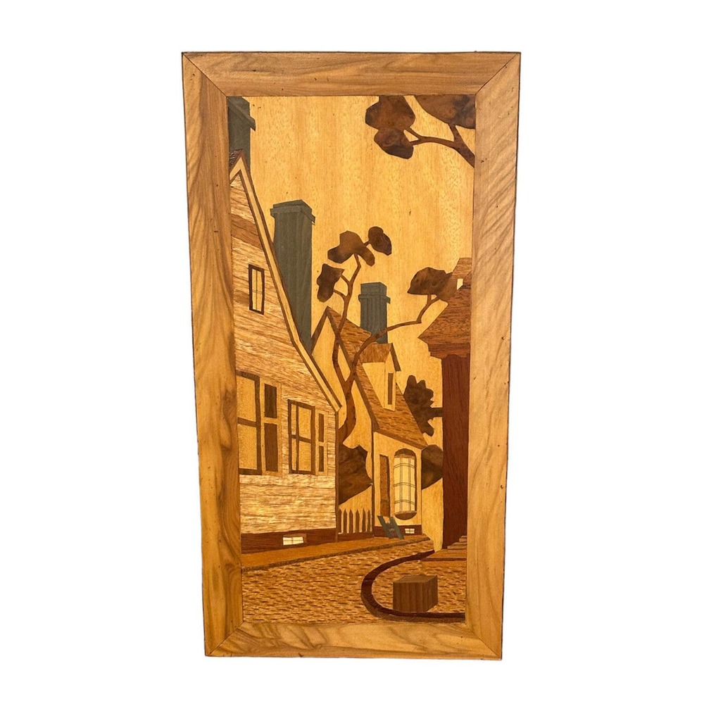 Houses Mid Century Modern Framed Wood Cut Out Inlay Wall Art 16x8